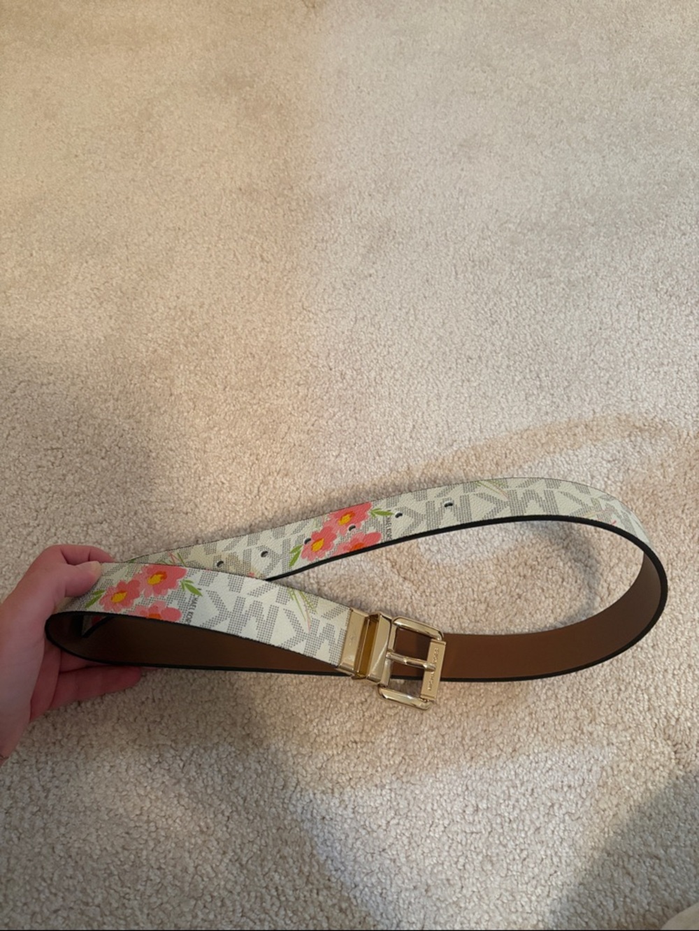 Michael Kors White Floral Logo Belt with Gold Buckle